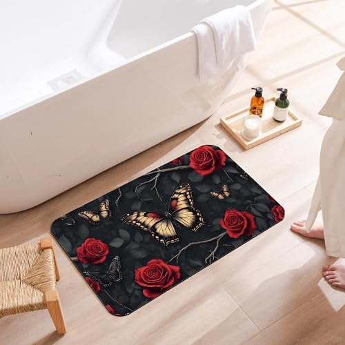 Gothic Butterfly Bathroom Rugs, Non Slip Quick Dry Red Rose Flower Bath Mats for Bathroom, Super Absorbent Diatomaceous Bathmat for Home Kitchen Thin Floor Doormat 17 X 29.5 Inch - color: Gothic Butterfly