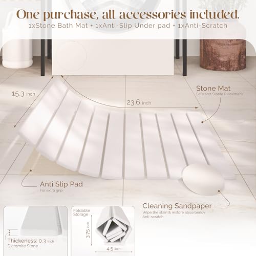 Diatomite Stone Bath Mat for Bathroom – Roll-Up & Foldable | 23.62" x 15.75" | Quick Drying & Super Absorbent | Long Diatomite Stone Drying Mat| Non-Slip | Durable | Off White - color: White
