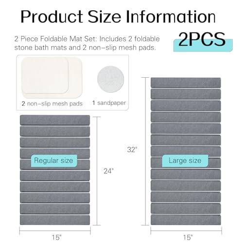 Cuckan 2 Pack Foldable Stone Bath Mats for Bathroom Super Absorbent Diatomaceous Earth Bath Mat Quick Dry Bath Rug Drying Mats with Non Slip Shower Rug Tub Shower Mat - color: Dark Gray, size: Rug 15x24" + Rug 15x32" + 2x Non-slip Mat