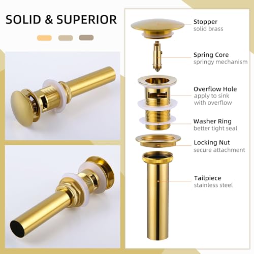 Angle Simple Bathroom Sink Drain Stopper Glossy Deep Titanium Gold Color, Brass Pop Up Sink Stopper with Overflow Hole for Sink with 1.61 to 2 Inches Drain Hole - color: Deep Titanium Gold