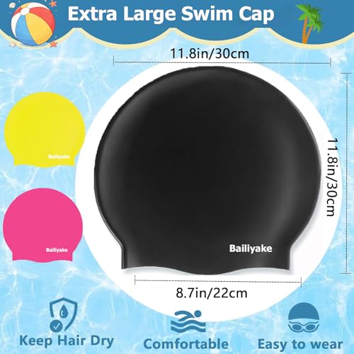 3 Pack Extra Large Swim Cap for Braids & Dreadlocks - Waterproof Silicone Swim Hat for Women with Long Thick Hair, Protective Swim Cap Cover Ears for Swimming, Shower, Bathing - color: Black+Pink+Yellow
