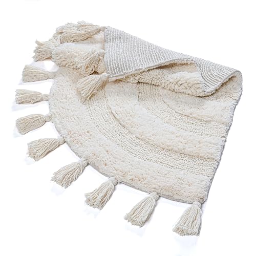 Cotton Half Circle Boho Bathroom Rug with Antiskid 22"x36" Ivory – 100% Cotton Scalloped Bath Mat, Anti?Skid, Soft & Absorbent Bathroom Rug for Shower, Tub & Entryway - color: Ivory, size: 22"x36" - Half Circle