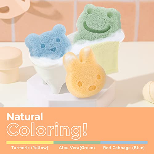 myHomeBody Konjac Sponge, Bath loofah, 3pc, Rabbit, Frog, Bear face | Natural Safe Plant-Based, Cute Shapes Bath Sponge for bathing, Shower Sponge for bath, Body Loofah, Shower Loofah, Face Luffa - color: Rabbit, Frog, Bear Face