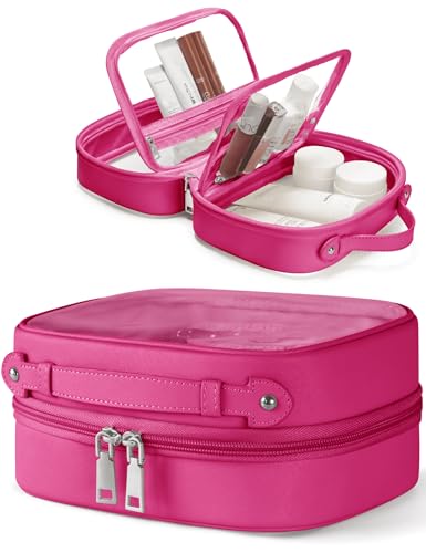 Clear Cosmetic Bag Double Layer Travel Toiletry Bag Clear Makeup Bag Case with 4 Compartments, Transparent Travel Bag for Toiletries, Large Toiletry Bag for Women Cosmetic Case (Hot Pink, Small) - color: Hot Pink, size: Small