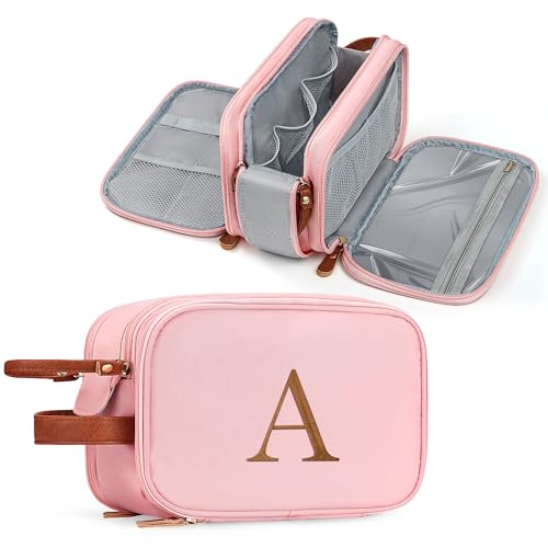 YOOLIFE Travel Toiletry Bag - Toiletry Bag for Women | Initial Makeup Bags Personalized Birthday Gifts for Women Teen Girls Gifts | Travel Essentials Large Capacity Letter A Pink - color: Pink, style: A