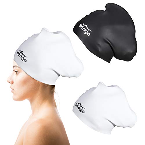 Swim Cap Long Hair 2 Pack Swimming Caps for Women Silicone Swim Caps Keep Hair Dry Waterproof Comfortable Flexible Durable Bathing Cap Tear-Proof Design Large Women Adult Swimming Cap 10+ Years Girls - color: Black & White
