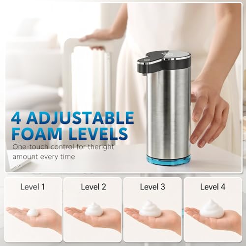 Automatic Foaming Soap Dispenser, Touchless Rechargeable Soap Dispenser for Kitchen & Bathroom, Stainless Steel, 4 Adjustable Foam Levels, USB-C, Waterproof, 12oz/350ml(Stainless Steel Foam) - color: St-01 Foam Gray