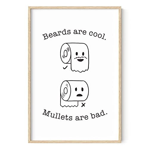 HAUS AND HUES Funny Bathroom Decor – Beard and Mullet Artwork, Playful Restroom Poster, Humorous Washroom Accent (24x36, Beige Frame) - color: Beard/Mullet, size: 24"L x 36"W, style: Beige Framed