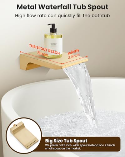 gotonovo Shower System with Tub Spout,Waterfall Tub Shower Faucet Set for Bathroom Head and Handle Set Wall Mounted 3 Function Rough-in Valve and Trim Included 10 inch Shower Head Brushed Gold - color: Brushed Gold, size: 10 inch Shower Head