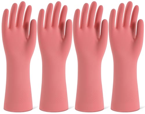 Rubber Cleaning Gloves for Dishwashing, 4 Pairs Reusable Kitchen Gloves for Washing Dishes and Household Cleaning, Pink Dish Gloves with Flocked Lining and Non-Slip Grip, Pefect for Woman Men - S - color: Pink, size: Small