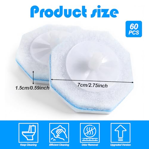 60 Counts Disposable Toilet Wand Refills Compatible with Most Bowl Brush Wand, Toilet Bowl Cleaner Refill Pads, Disposable Bathroom Toilet Brush Scrubber for Deep Cleaning Stain Removal