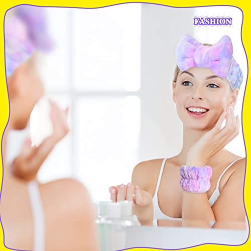 WSYUB Spa Headband and Matching Wrist Bands for Washing Face, Fuzzy Skincare Bow Headbands, Soft Facial Makeup Head Bands, Shower Hair Sleepover Party Supplies,Easter Basket Stuffers - color: Gradient Purple