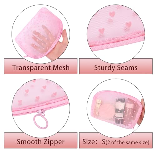 6 Pieces Zipper Mesh Makeup Bags Set, Nylon Cosmetic Bags Portable Clear Toiletry Bas Travel Organizer Bags for Office Travelling Organization (Pink Heart Printed, Assorted Size) - color: Pink Heart Printed