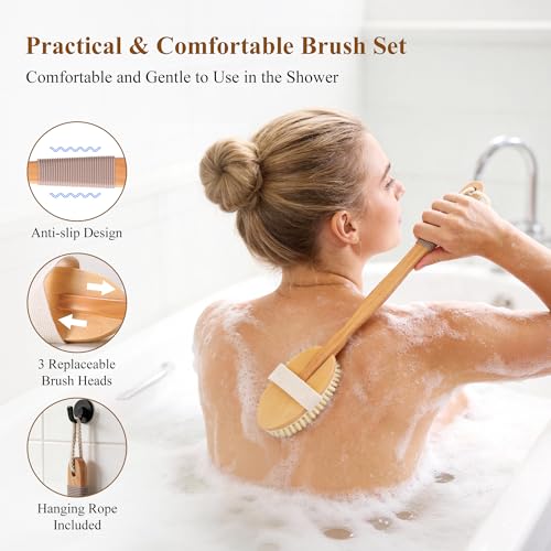 7-in-1 Body Brush Set for Shower & Dry Brushing – Long Handle Back Scrubber, 3 Replaceable Bristle Heads, Silicone Face Cleanser & Loofah – Exfoliating, Smooth Skin & Home Spa Kit - color: Set 2