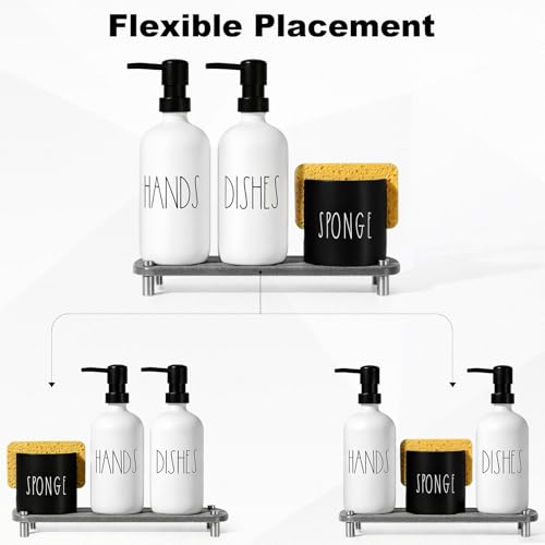 Kitchen Soap Dispenser Set,16.9 fl oz Hand and Dish Soap Dispensers with Tray, Kitchen Soap Dispenser Set with Sponge Holder, Instant Dry Tray,Kitchen Decor(White&Black) - color: White Bottle+black Pump