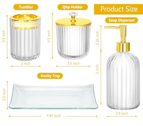 Bathroom Accessories Set, 4Pcs Clear and Gold Glass Bathroom Accessories Sets Complete w/Lotion Soap Dispenser, Toothbrush Holder, Apothecary Jar, Vanity Tray, Bathroom Decor - style: Clear