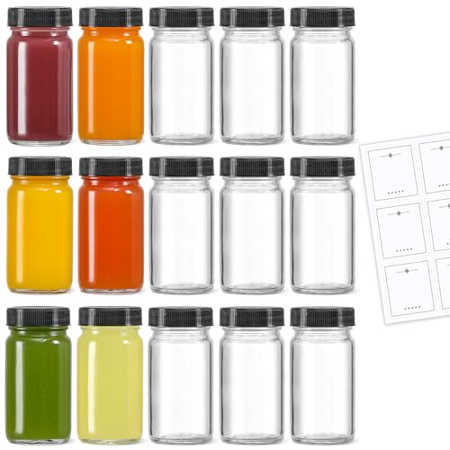 LANDNEOO 15 Pack 2 oz Glass Shot Mini Bottles w/Black Lids & 15 Labels - Small Clear Jar for Ginger, Wellness Shot, Juice, Sample, Whiskey - Travel Essentials - Wide Mouth, Leakproof, Dishwasher Safe - color: Black Lids, size: 2oz-15 pack