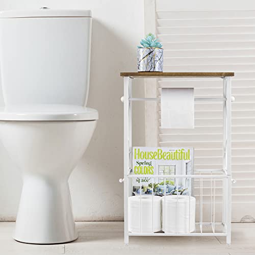 MyGift Toilet Paper Holder Stand with Shelf, Bathroom Table Stand Storage with Magazine Holder Basket, Scrollwork Design, White Metal - color: White