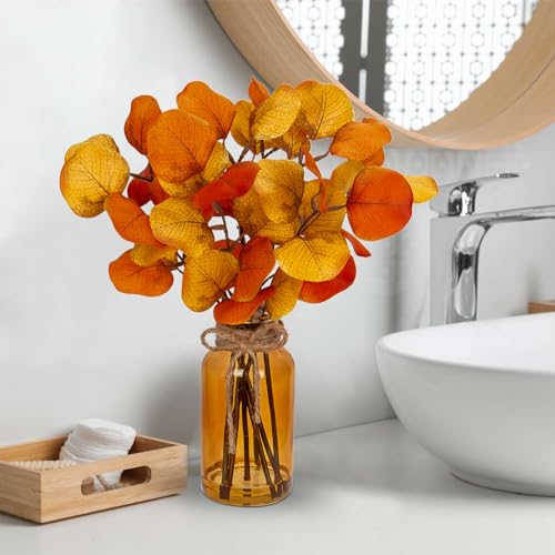 Briful Artificial Eucalyptus Stems in Amber Glass Vase with Faux Water, 14" Fake Fall Plant Autumn Leaves for Home Farmhouse Wedding Centerpiece Bathroom Décor - color: Orange