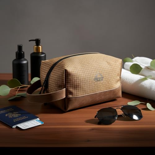 GOX Premium Plaid & Leather Travel Toiletry Bag with Reinforced Handles Cosmetic Organizer (9x5.1x5.1 inches) for Bathroom, Shaving, Makeup Essentials (Brown) - color: Brown