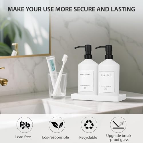 White Glass Kitchen Soap Dispenser Set, 17 OZ Hand and Dish Soap Dispenser Set with Rustproof Stainless Pump, 14 Waterproof Labels, Non-Slip Tray, Modern Bathroom Accessories(White Bottle/Black Pump) - color: White Bottle + Black Pump