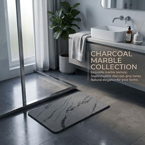 Stone Bath Mat – Diatomaceous Earth Quick Drying Non-Slip Bathroom Mat – Absorbent Diatomite Shower Mat, Durable & Easy to Clean, Modern, 23.6" x 15.3" (2 Pack Charcoal Black - Marble) - color: Charcoal Black - Marble