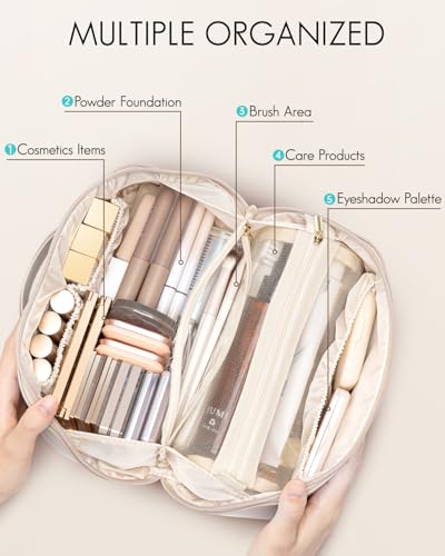 VLANDO Makeup Bag,Travel Toiletry Bag,Cosmetic Bag for Women PU Leather Portable Make up Bag for Skincare, Brushes & Travel Essentials-Off White - color: 05.Off White