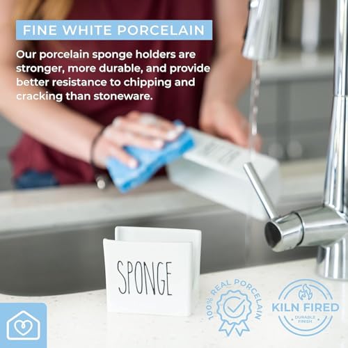 Heartland Home Porcelain Sponge Holder for Kitchen Sink. Compact Sink Caddy Organizer - Scrub Daddy Compatible Dish Sponge Holder. Ceramic Black and White Kitchen Decor and Cute Kitchen Accessories