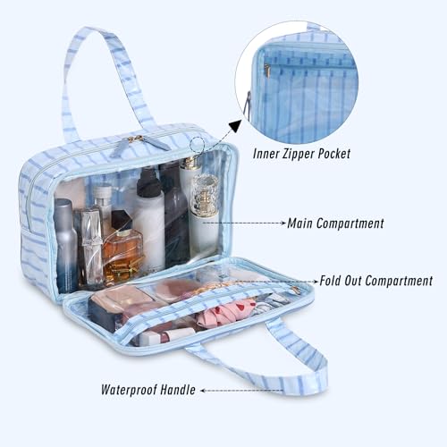 Travel Toiletry Bag for Women, Waterproof Clear Coated Portable Stripe Makeup Cosmetic Bag with Compartment, Travel Organizer for Shampoo, Conditioner, Brushes Set,Cosmetic Accessories(Blue Stripe) - color: Blue Stripe