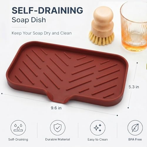 MicoYang Silicone Soap Dish with Drain Spout — Self-Draining Sink Organizer Tray for Bathroom & Kitchen, Sponges, Dispensers & Soap Holder, Non-Slip & Dishwasher Safe, Red (Medium, 9.6"×5.3") - color: Red, size: M(9.6"×5.3")