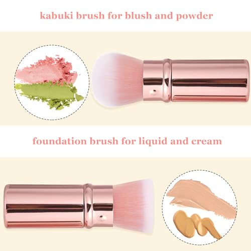 Retractable Makeup Brush 2 Pack, Travel Kabuki Face Makeup Brush | Powder Makeup Brushes for Blush, Liquid, Cream, Cosmetics, Loose Powder, Bronzer, with Aluminum Handle, Cover - color: Rose Gold