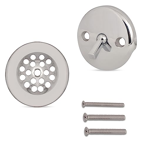 Trip Lever Bathtub Drain Kit with Strainer – 2-Hole Overflow Faceplate, Matching Screws – Tub Drain Trim Replacement Set for Bathroom Bathtubs - color: Chrome
