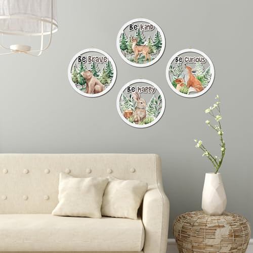 HPNIUB Woodland Nursery Wall Decor, Inspirational Girl Room Hanging Sign, 4 Pieces 10''x10'' Jungle Animals Wooden Decoration for Kids, Cartoon Fox Bear Art Sign for Teens Toddler Boy Baby Playroom - color: Woodland Animals