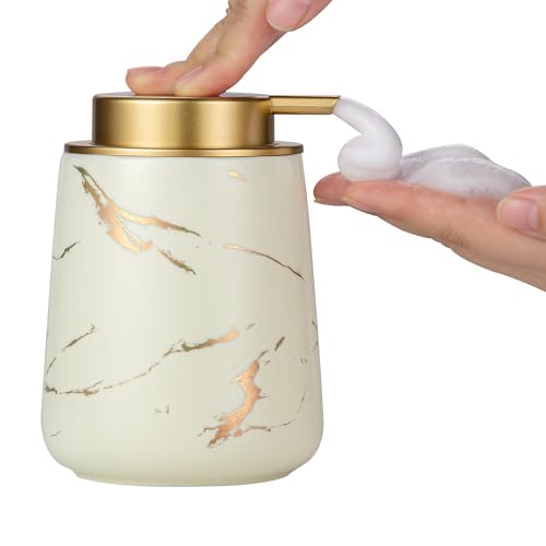 Enra Ceramic Foaming Soap Dispenser -12oz Modern Foam Gold Hand Soap Dispenser Bathroom, Refillable Dish Wash Soap Bottle for Kitchen with Large Pump(Gold Foam Type-Beige) - color: Gold Foam Type-beige