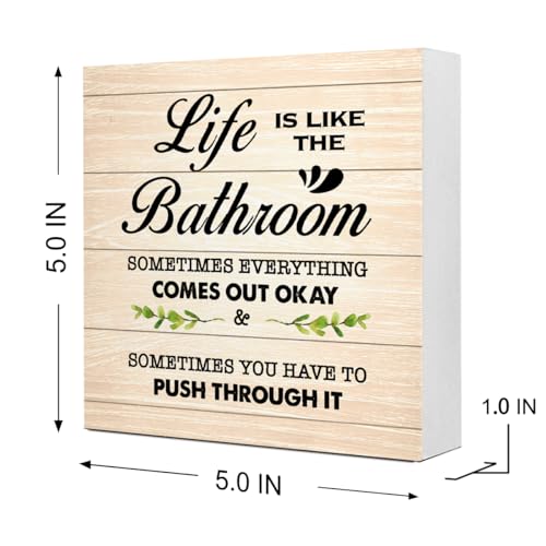 Burlywood Life is Like The Bathroom Wooden Box Sign Desk Decor,Funny Bathroom Wood Block Sign for Farmhouse Toilet Shelf Decor - color: Burly Wood