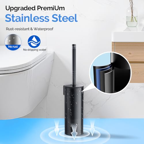 HAMITOR Toilet Brush and Holder Set: Stainless Steel Heavy Duty Bowl Cleaner Brush - Deep Cleaning Under Rim Curved Bristle - Space Saving Wall-Mounted for Home RV Bathroom Accessories Black 1 Pack - color: Black