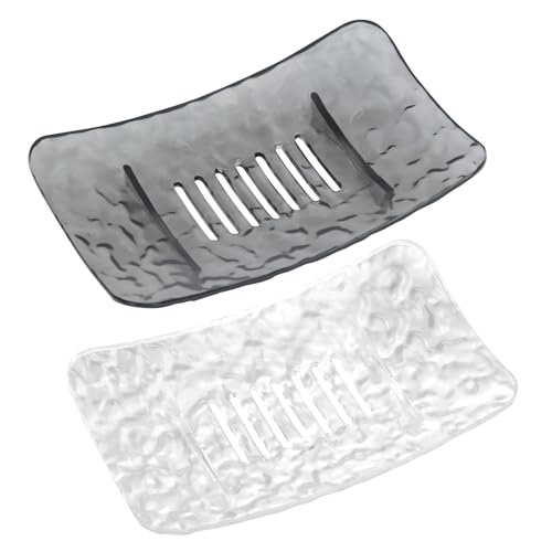 Plastic Soap Dish, Self Draining Set of 2 Black and White - Soap Holder for Shower, Bathroom and Kitchen - Easy to Clean, Stays Dry (5.94" L x 3.54" W x 0.86" H)