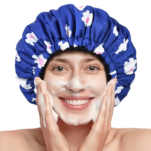 Shower Cap for Women Terry Lined Bath Cap Large Reusable Waterproof Elastic Band Blue Shower Caps for Long Thick Hair Soft Bath Shower Hair Caps - color: Blue Flowers