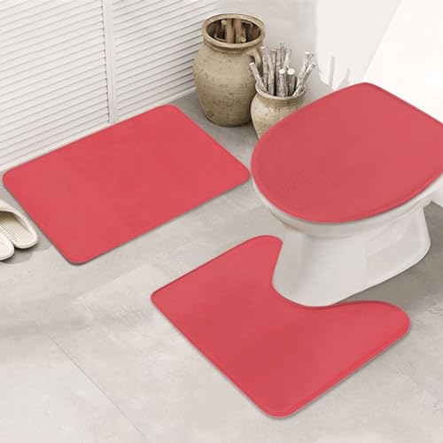 Bathroom Rugs Set 3 Piece Elegant Simple Hot Red Bath Rug Mat Set, Non Slip Absorbent Bathroom Decor Mat, Toilet Lid Cover & U Shaped Contour Rug - color: Hot Red, size: 1'8" x 2'6" (Rectangular)