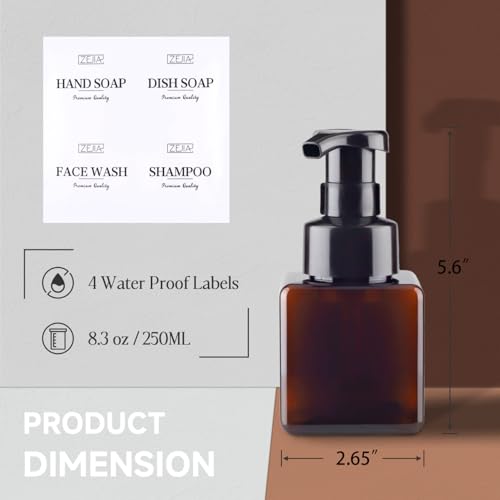 250ML Foaming Soap Dispenser, 2-Pack Plastic Hand Soap Dispenser, Refillable Leakproof Foam Pump Bottle with Waterproof Labels, for Shampoo, Body Wash - color: Brown, size: 250ML