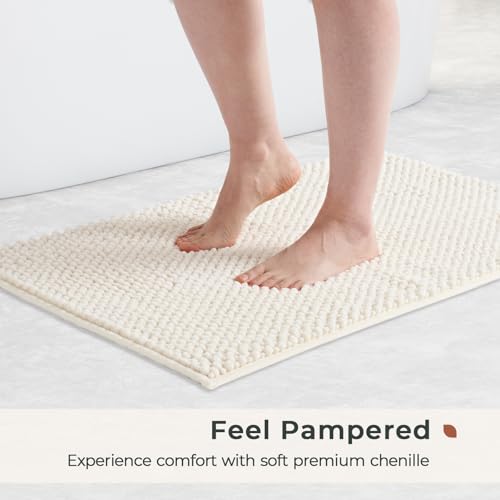 FRESHMINT Chenille Bath Rugs Set - 2 Piece (17"x24" + 20"x32"), Non-Slip Bath Mats, Absorbent, Washable, Cream White - color: Cream, size: 24"x17"+32"x20"