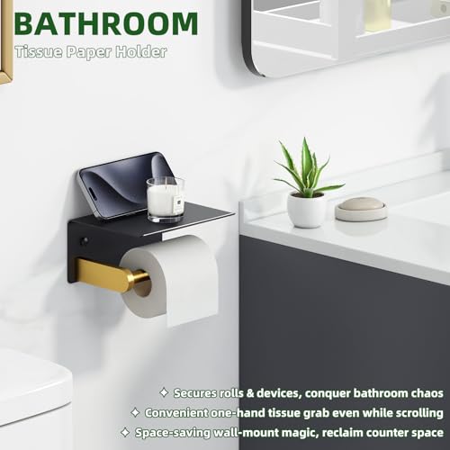 APLusee Black Gold Toilet Paper Holder with Phone Shelf, 304 Stainless Steel Bathroom Paper Holder Wall Mounted, Heavy Duty Tissue Roll Dispenser - color: Black Gold, size: Single Rod