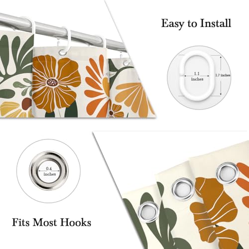 Boho Floral Shower Curtain Cute Colorful Fun Abstract Orange Flower Vintage Bohemian Terracotta Botanical Mid Century Yellow Green Fabric Cloth Bathroom Decor Set 60x72 inch Polyester 12 Hooks - color: Orange, size: 60"W x 72"L (Pack of 1)