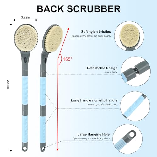 Back Scrubber Anti Slip for Shower, 21.7” Detachable Back Bath Brush for Shower, Back Scrubber, Exfoliation and Improved Skin Health for Elderly with Limited Arm Movement, Disabled (21.7” Grey) - color: 21.7” Grey