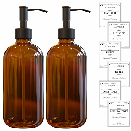 Sunrise Premium 2 Pack Amber Glass Soap Dispenser 16 OZ with Oil Rubbed Bronze Stainless Steel Pump, Hand and Dish Soap Dispenser Set for Bathroom and Kitchen Sink with 6 Waterproof Labels - color: Oil Rubbed Bronze Ss Pump - Amber Glass