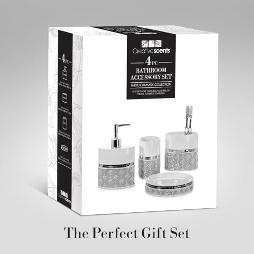 Creative Scents Mirror Damask White & Gray 4 Piece Bathroom Accessories Set | Bathroom Set Includes: Soap Dispenser, Soap Dish, Toothbrush Holder & Tumbler - color: 4 Piece Set