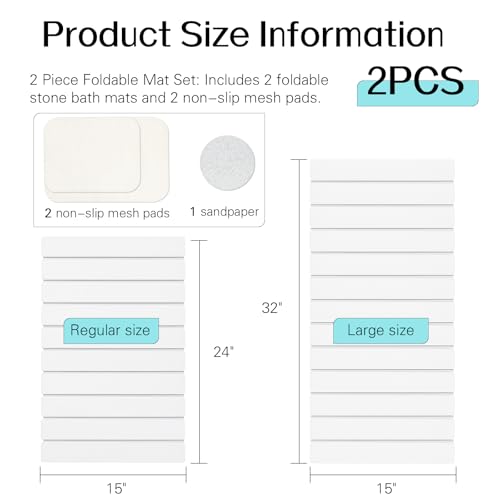 Cuckan 2 Pack Foldable Stone Bath Mats for Bathroom Super Absorbent Diatomaceous Earth Bath Mat Quick Dry Bath Rug Drying Mats with Non Slip Shower Rug Tub Shower Mat - color: White, size: Rug 15x24" + Rug 15x32" + 2x Non-slip Mat