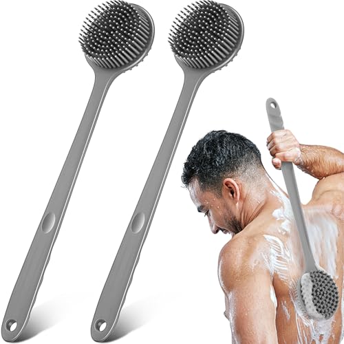 Sunnyray 2 Pack Silicone Back Scrubber for Shower with 15" Long Handle Double-Sided Bath Body Brush for Exfoliating Easy to Clean Quick Dry Deep Cleaning Lathers Well(Grey) - color: Grey