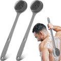 Sunnyray 2 Pack Silicone Back Scrubber for Shower with 15" Long Handle Double-Sided Bath Body Brush for Exfoliating Easy to Clean Quick Dry Deep Cleaning Lathers Well(Grey) - color: Grey