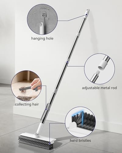 Small Floor Scrub Brush with Length Adjustable Long Handle, 3 in 1 Heavy-Duty Stiff Bristle Scrubber Brush with Squeegee and Tweezer Push Broom for Cleaning Bathroom, Patio, Garage and Kitchen - color: White